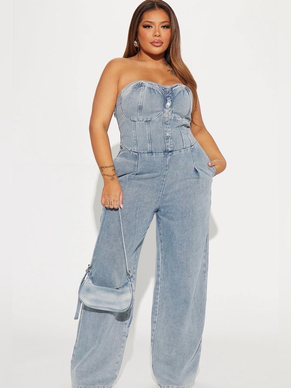 Fashion Nova Light Blue Strapless Wide-Leg Denim Jumpsuit